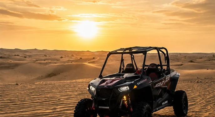 Polaris dune buggy parked on the Al Khatim dunes at golden hour