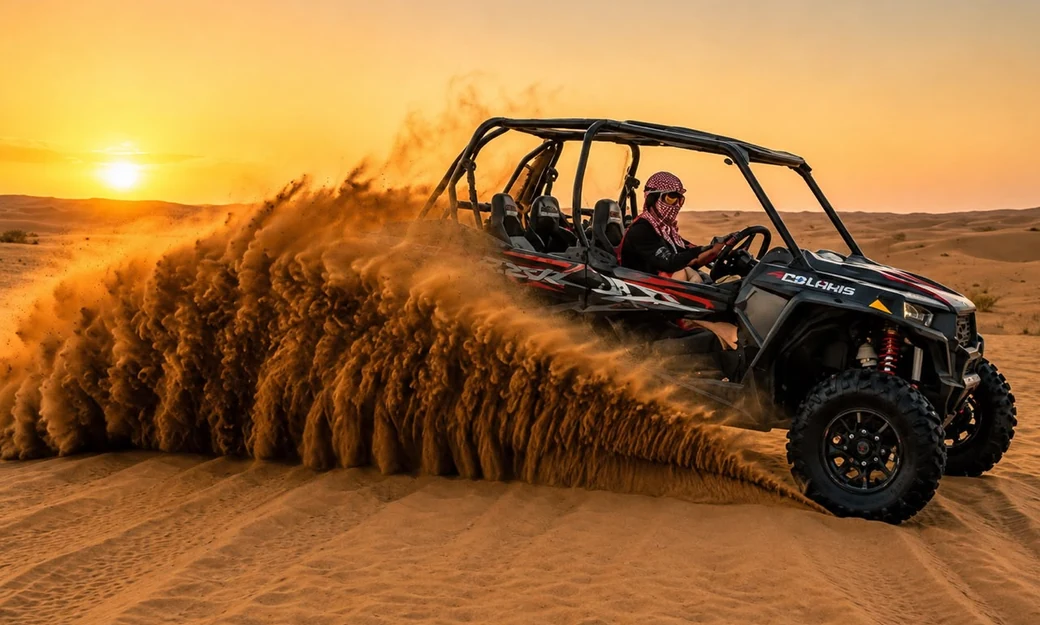 Polaris dune buggy driving across the Al Khatim dunes