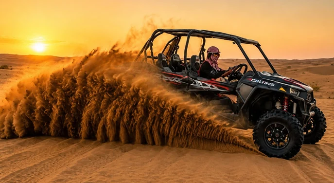 Polaris dune buggy driving across the Al Khatim dunes