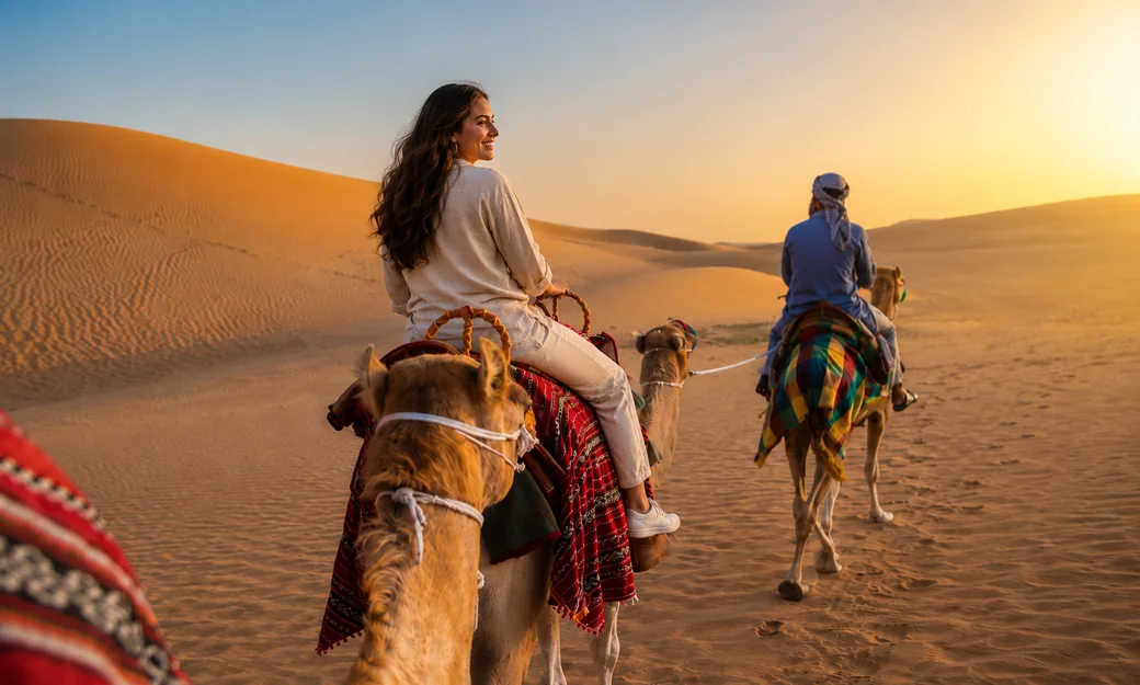 Traveller riding a camel across golden Abu Dhabi dunes toward sunset