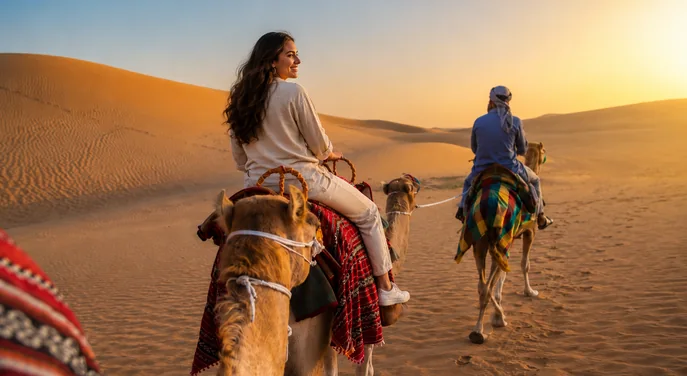 Traveller riding a camel during the premium Abu Dhabi evening safari