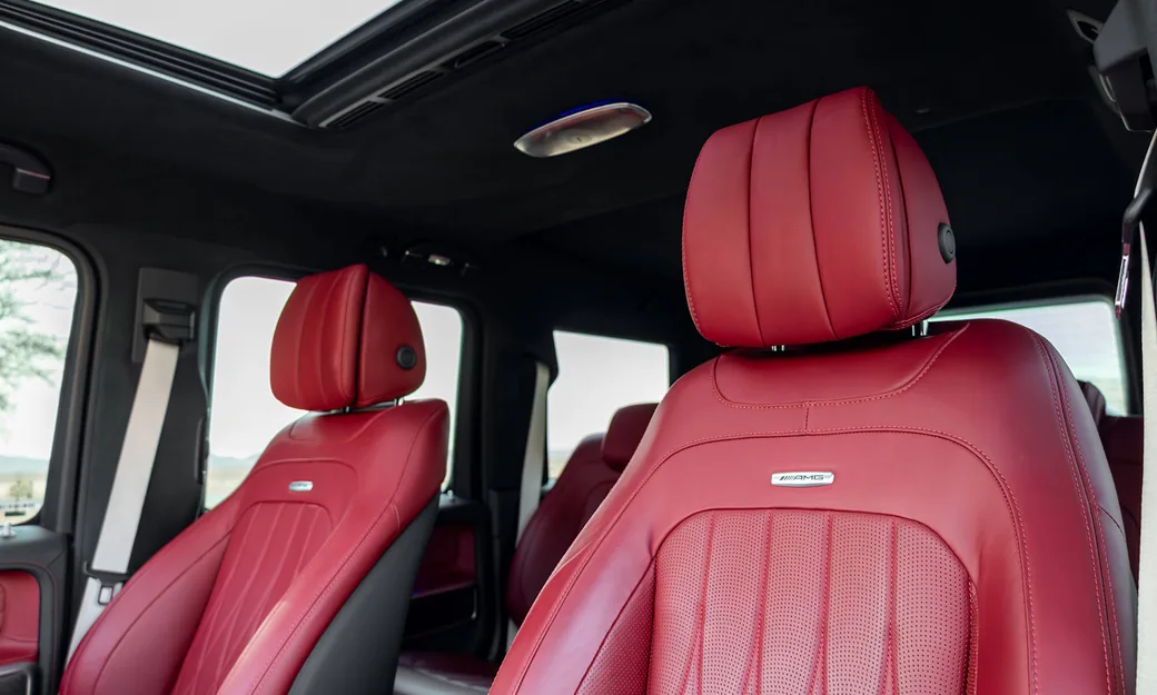 Red leather interior of the Mercedes G-Class