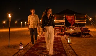 Premium Royal Red Carpet Bedouin tent prepared for an overnight stay