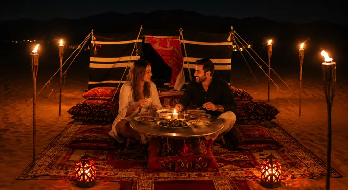 Couple enjoying a private desert dinner beside a Bedouin tent