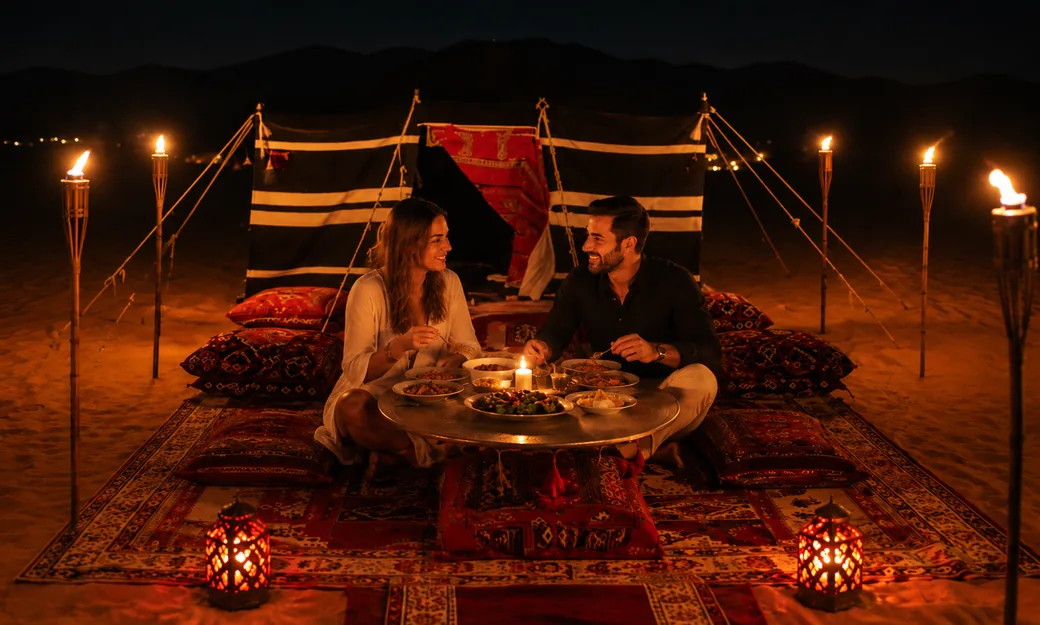 Couple enjoying a private desert dinner beside a Bedouin tent