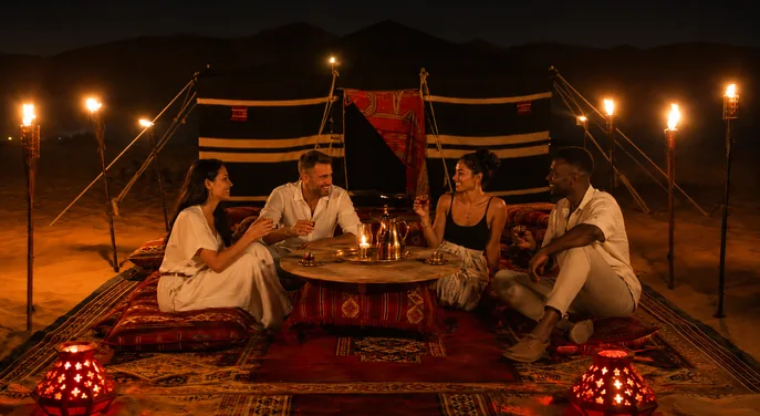 Friends gathered for a private Royal Red Carpet desert dinner