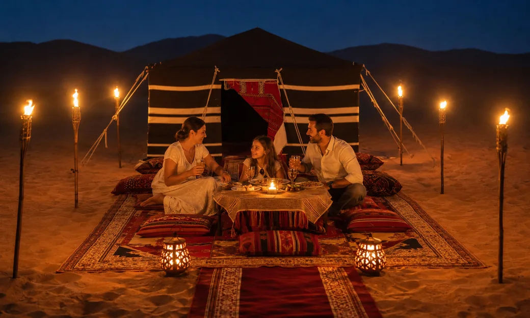 Private guests dining at a torch-lit Bedouin majlis in Abu Dhabi