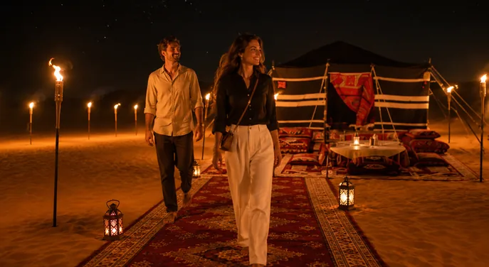 Premium Royal Red Carpet Bedouin tent setup in the Abu Dhabi desert