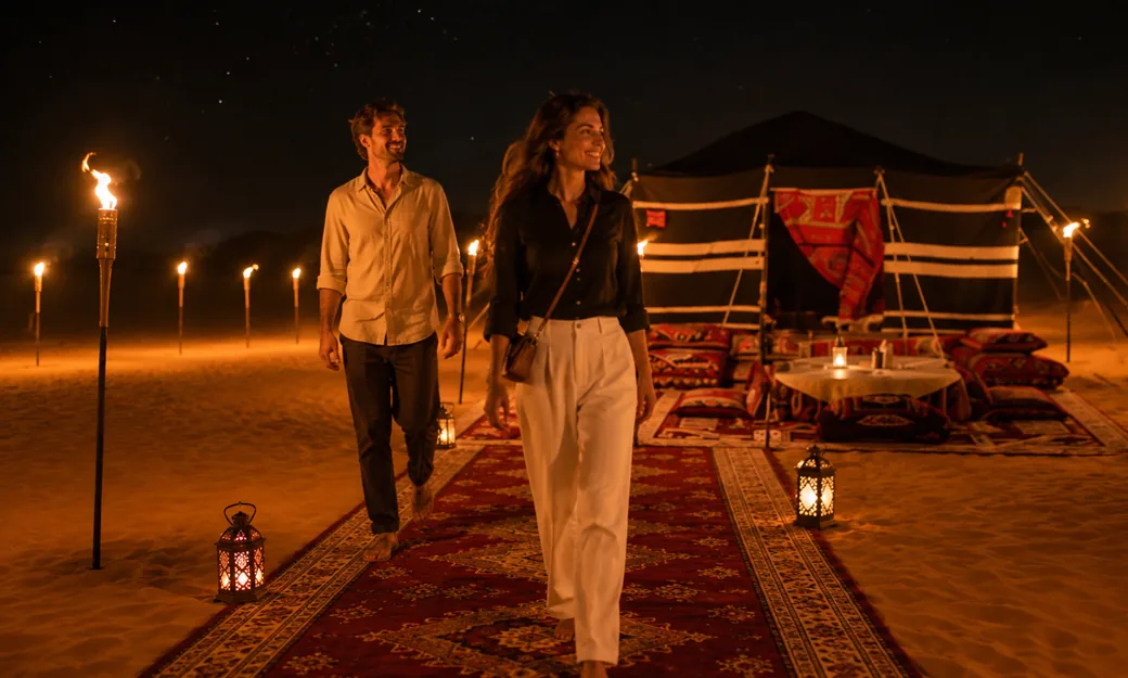 Premium Royal Red Carpet Bedouin tent setup in the Abu Dhabi desert