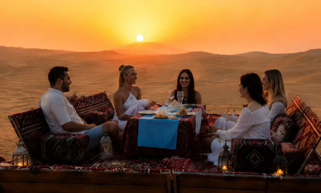 Guests enjoying a private sunset dinner at a dune majlis in Abu Dhabi