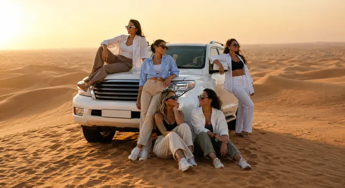 Small private group beside a 4x4 in the Abu Dhabi desert