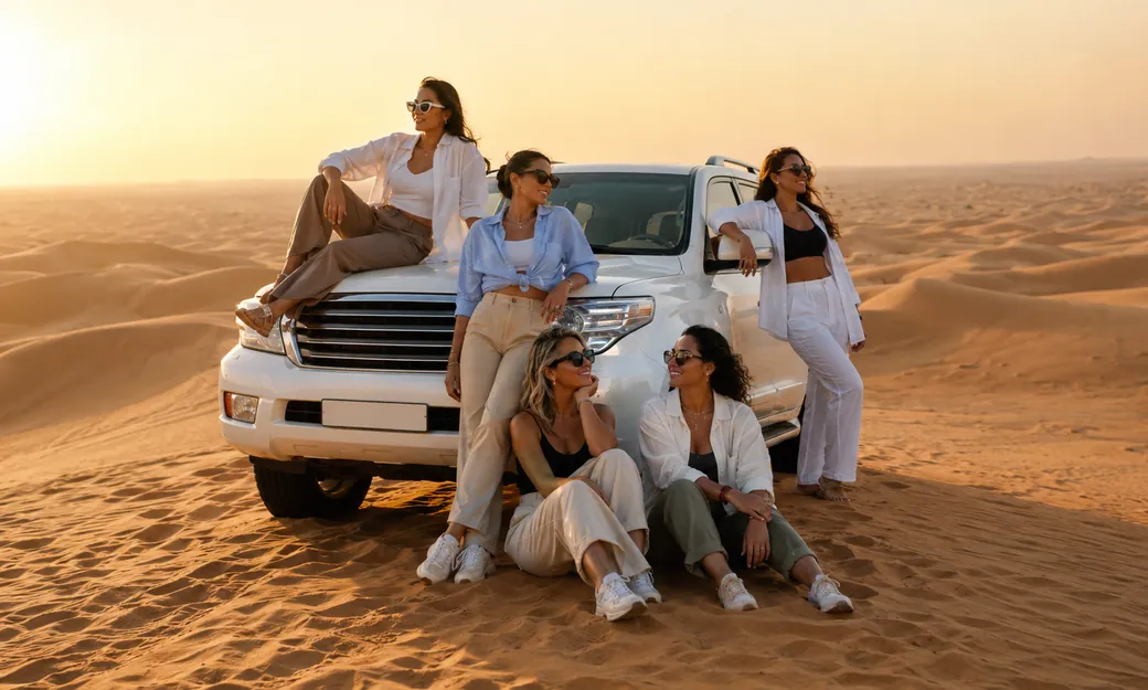 Small private group beside a 4x4 in the Abu Dhabi desert