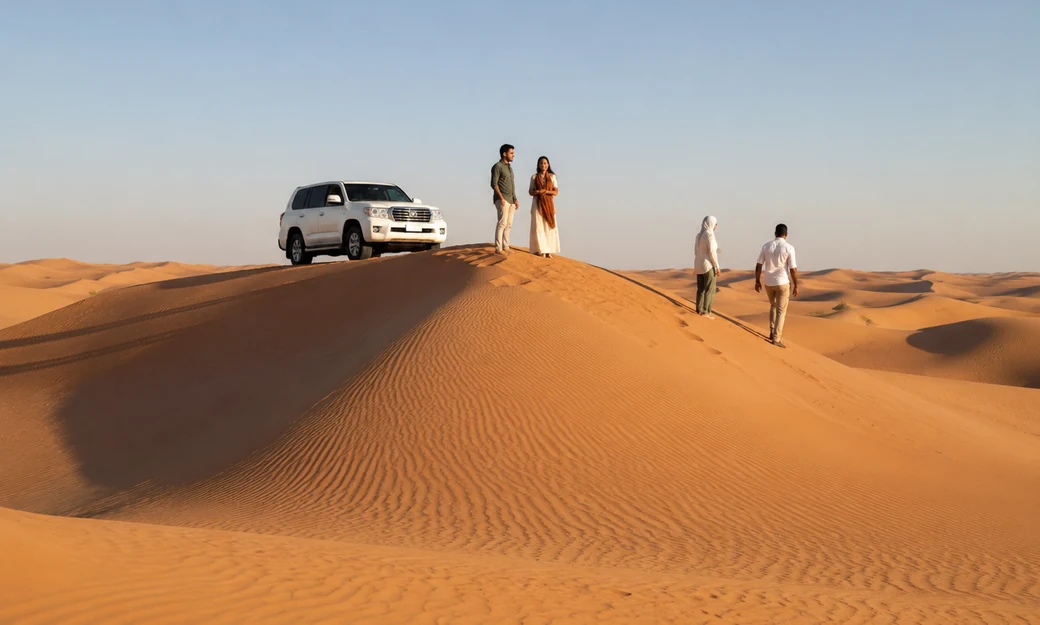 Guests walking on a Liwa dune beside a white Land Cruiser during the Qasr Al Sarab lunch tour