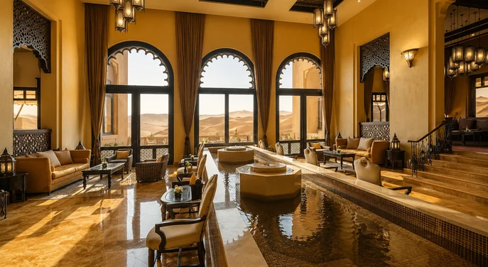 Elegant Qasr Al Sarab lounge with desert views through traditional arched windows