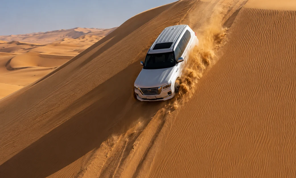 Luxury Arabian interior at Qasr Al Sarab with views across the Liwa dunes