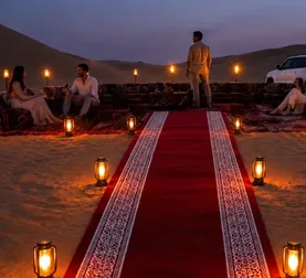 Royal Red Carpet Majlis illuminated by lanterns in the Abu Dhabi desert