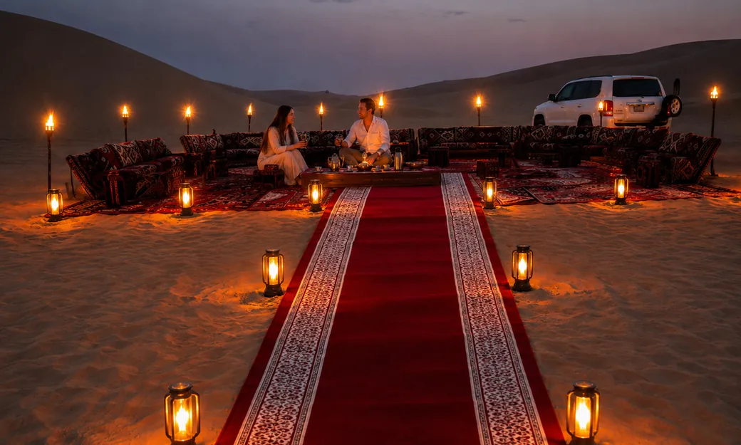 Couple seated at a private Royal Red Carpet Majlis in the Abu Dhabi desert