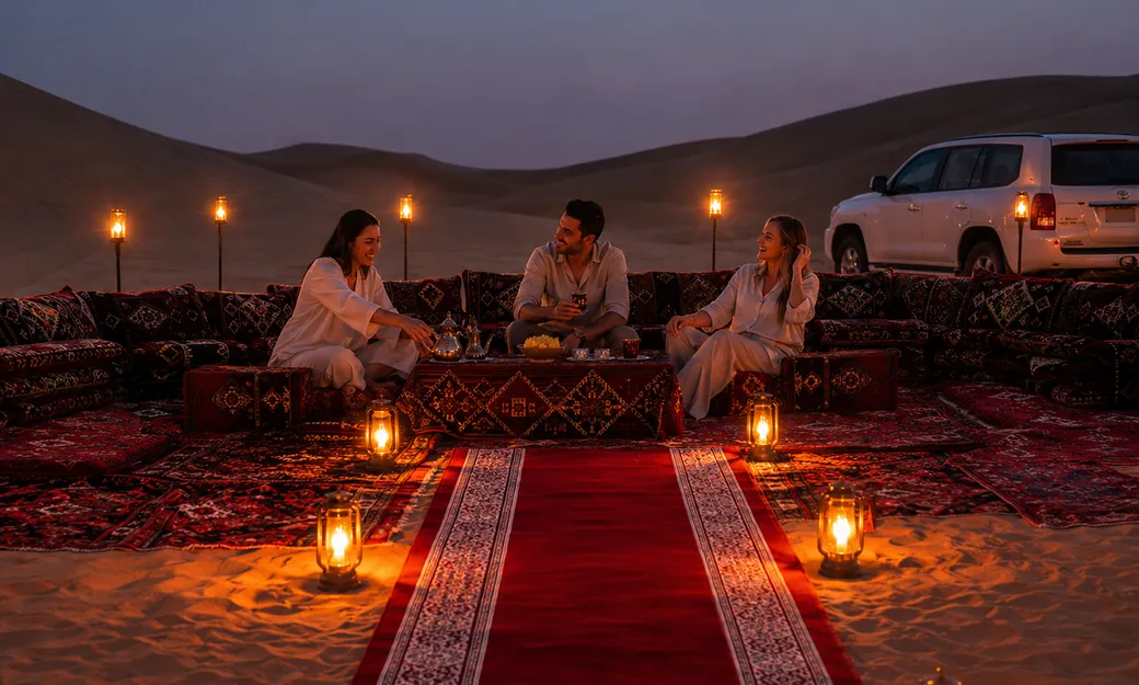 Guests relaxing at a torch-lit Royal Red Carpet Majlis in Abu Dhabi