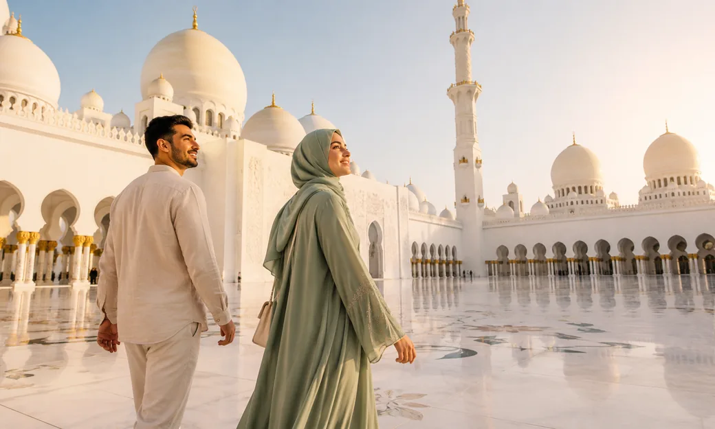 Couple visiting Sheikh Zayed Grand Mosque in Abu Dhabi