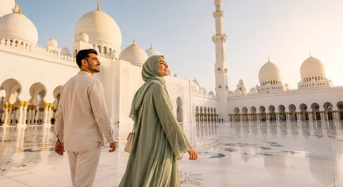 Couple visiting Sheikh Zayed Grand Mosque in Abu Dhabi
