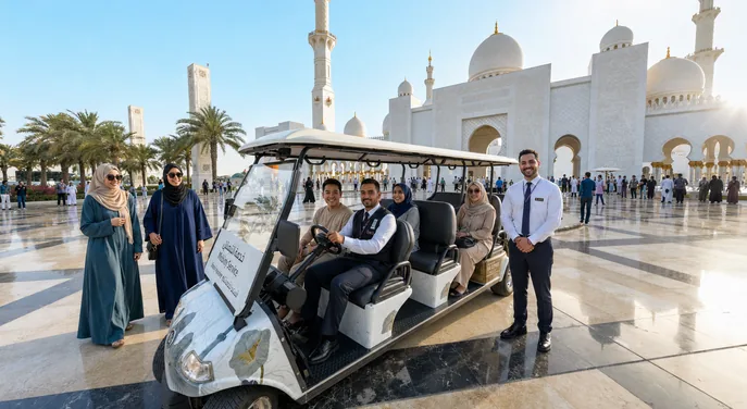 Visitors beside an electric cart at Sheikh Zayed Grand Mosque