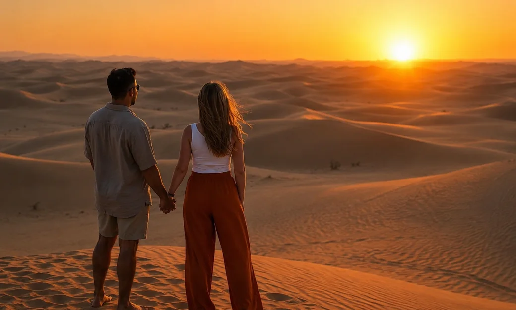 Couple watching the golden sunset across the Abu Dhabi sand dunes