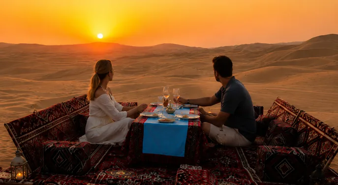 Couple having a private dinner at a Sunset Dune Majlis in Abu Dhabi