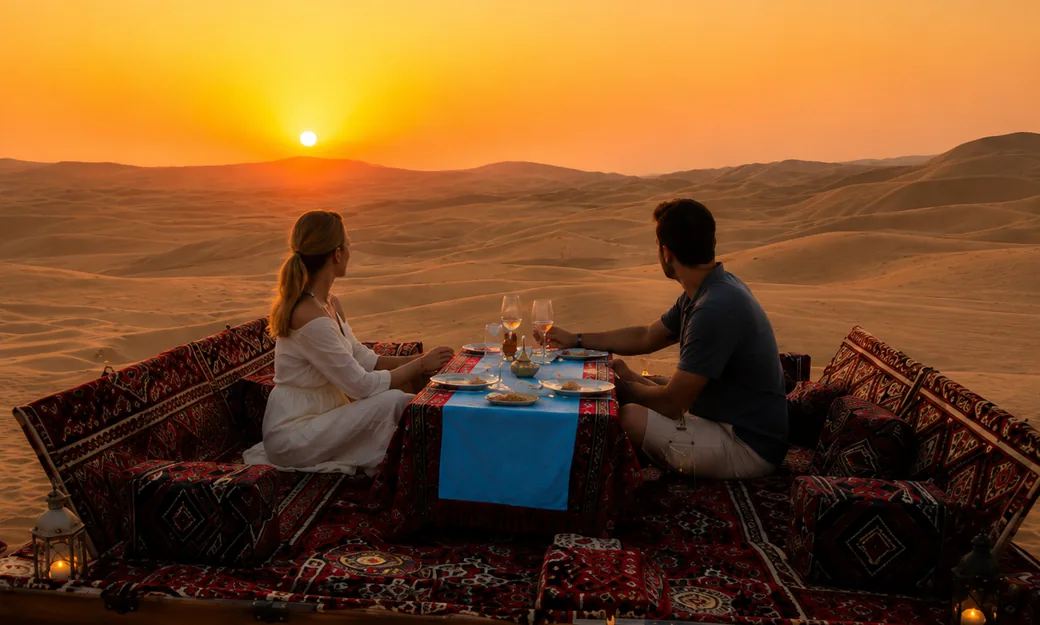 Couple having a private dinner at a Sunset Dune Majlis in Abu Dhabi