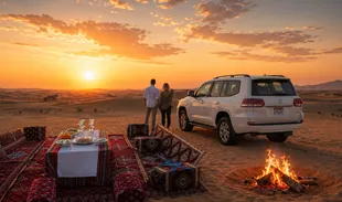 Private Sunset Majlis with bonfire and 4x4