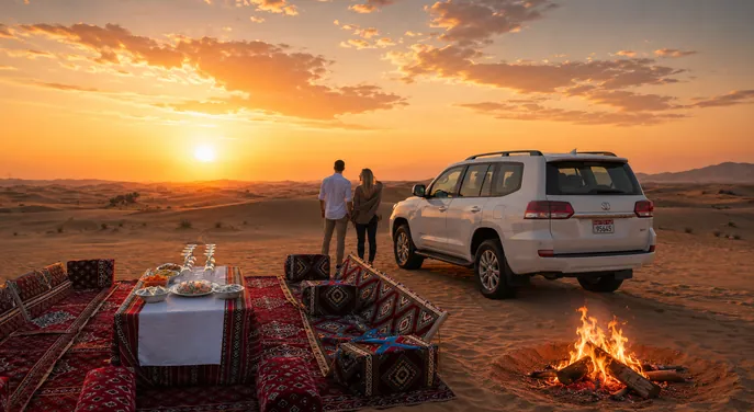 Private Sunset Majlis, bonfire and 4x4 in the Abu Dhabi desert