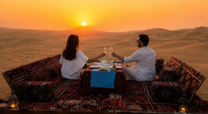 Couple toasting at a private Sunset Dune Majlis in Abu Dhabi