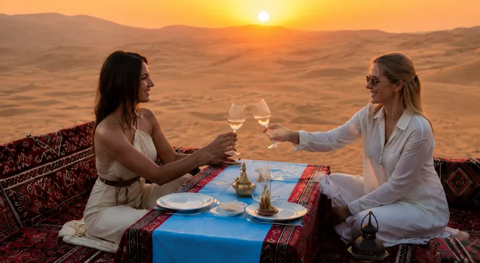 Friends toasting at a private Sunset Dune Majlis in Abu Dhabi