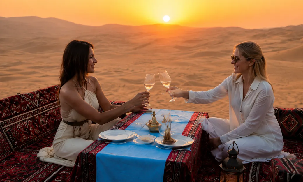 Friends toasting at a private Sunset Dune Majlis in Abu Dhabi