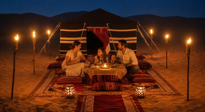 Family enjoying a private VIP desert dinner beside a traditional majlis tent