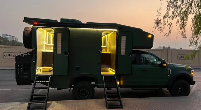Private shower inside the VIP Mobile Washroom used in the Abu Dhabi desert