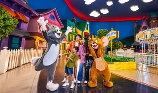 Family meeting Warner Bros characters inside the theme park