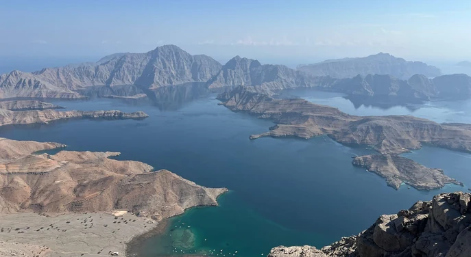 Wide fjord overlook from the high Jebel Sham mountains in Musandam