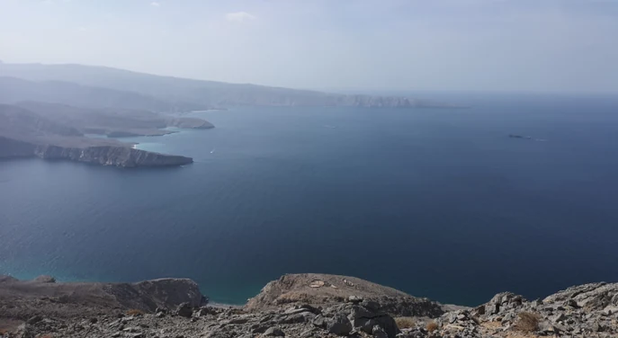 Panoramic view of the Musandam fjords from the Jebel Sham trekking route