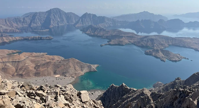 High mountain panorama of Musandam fjords seen from the Jebel Sham trek