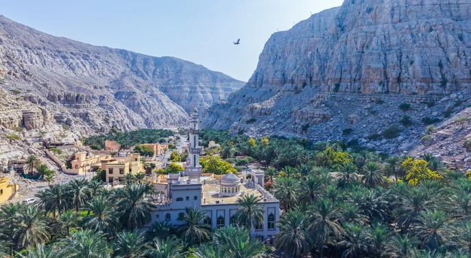 Khasab mountain village with mosque, palm trees and rocky cliffs