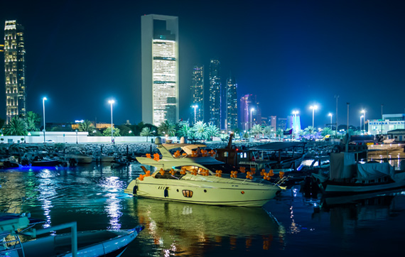 Private luxury yacht cruising the Abu Dhabi Corniche
