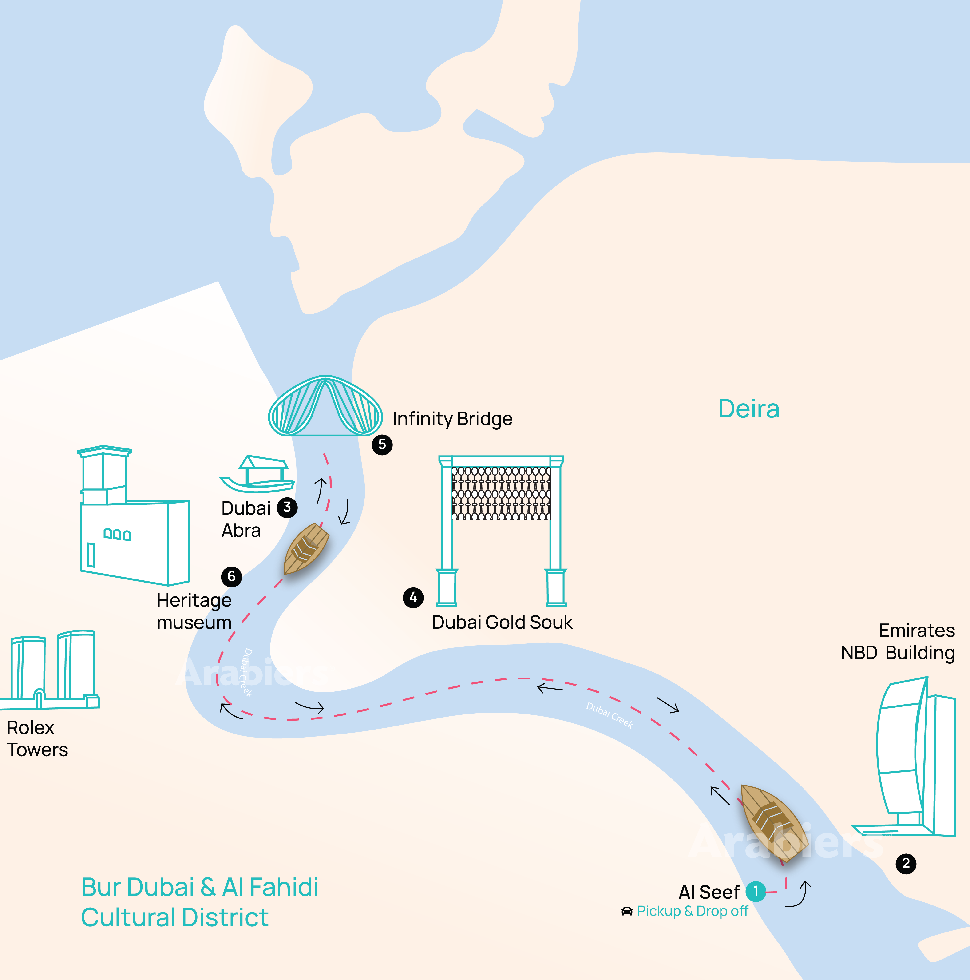 Map of the Dubai Creek dhow cruise route through Deira and Bur Dubai