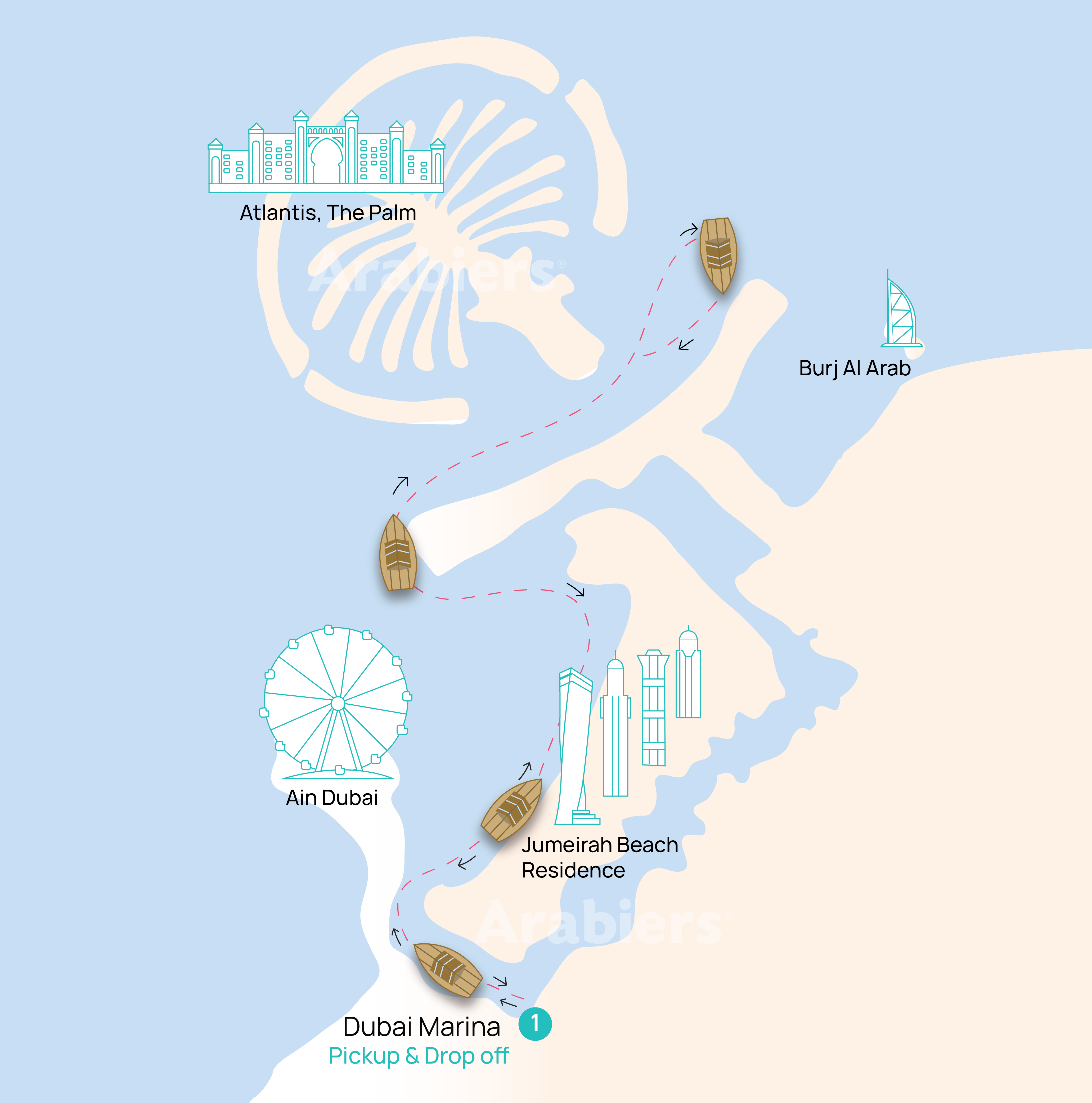 Map of the Dubai Marina dhow cruise route past Ain Dubai and Bluewaters