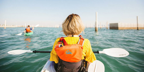 Kayaking off the white-sand Jumeirah beach on Saadiyat Island, Abu Dhabi