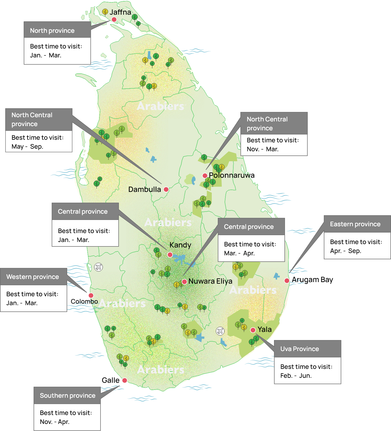 Map of Sri Lanka showing best time to visit each region
