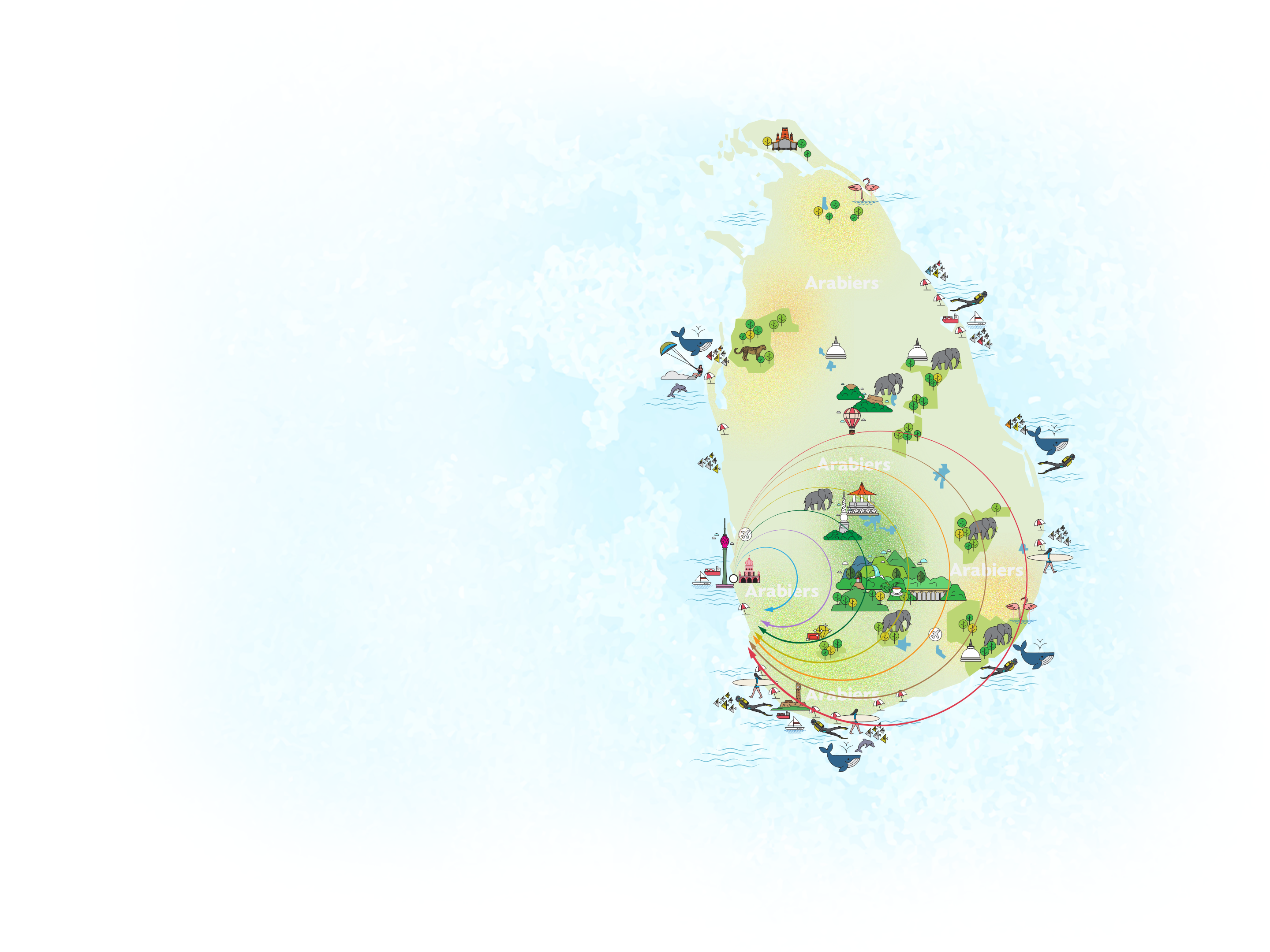 Illustrated map of Sri Lanka showing beaches, wildlife, temples and hill country